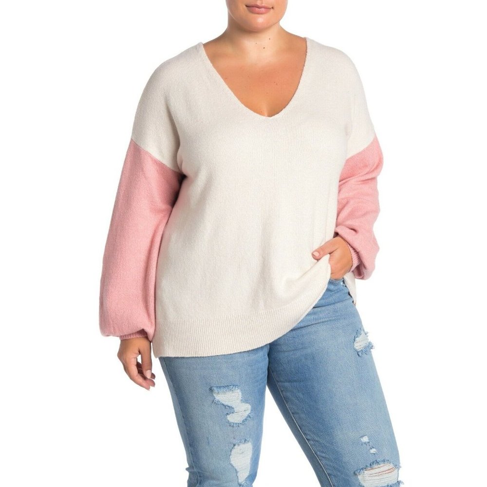 14th & Union Womens Sweater VNeck Colorblock Cream Tan Pink Size Petite Large PL